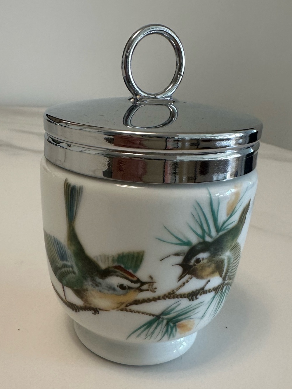 Vintage Royal Worcester Porcelain Egg Coddler w/ Woodland Bird Motif & Screw Lid